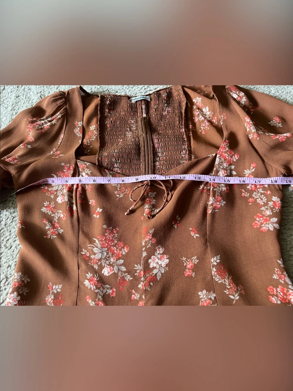 Reformation Delevan Top Brown Floral Tie-Front Puff Sleeve Blouse Smocked Sz 12